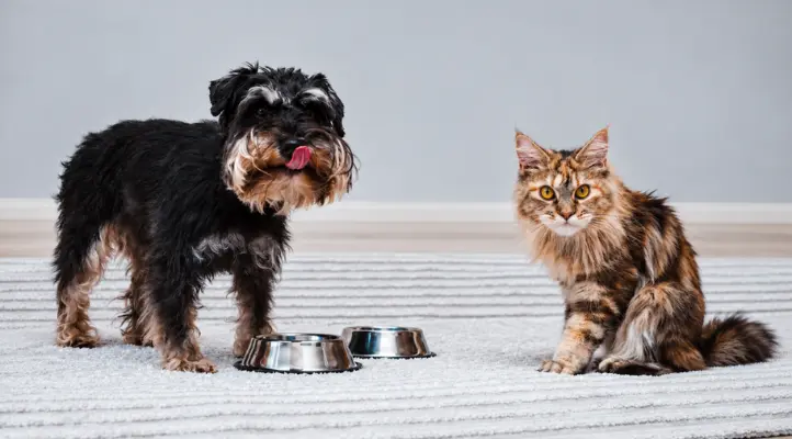 dog and cat near food bowls for advice on toxic foods and veterinary care Image filename: common-toxic-foods-for-pets